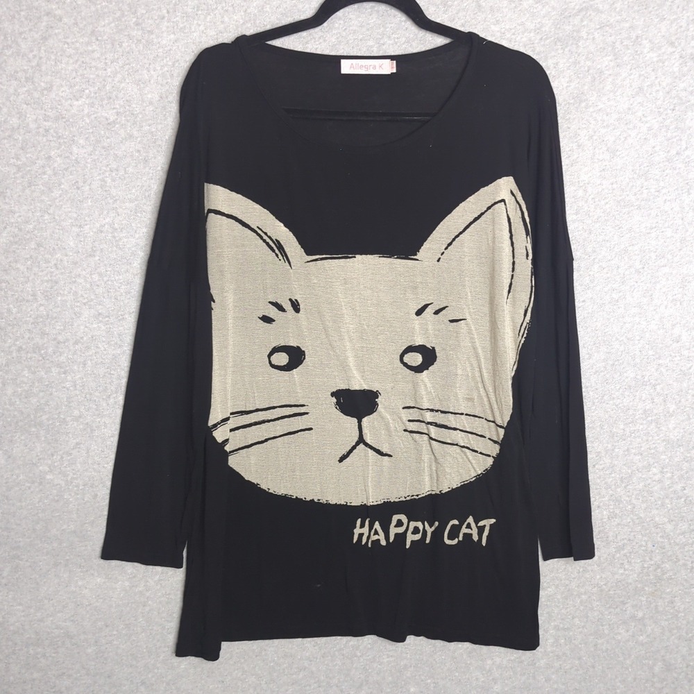 Allegra K Women's L Black Long‎ Sleeve Happy Cat Graphic Tunic Top Oversized